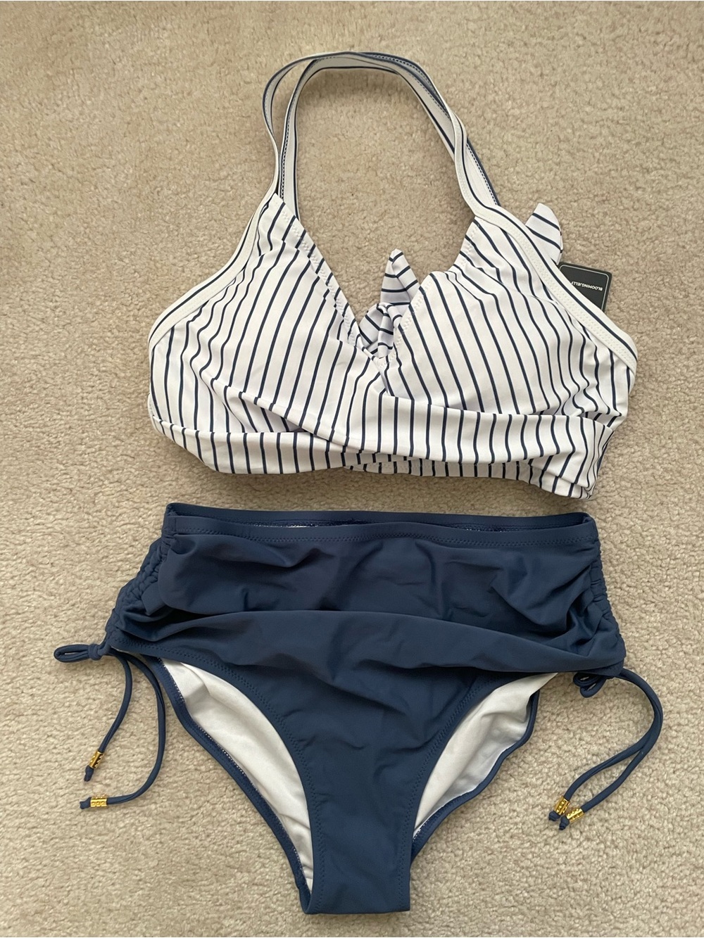 Crisscross Tie Back Striped White & Blue High-Waist Tummy Control Bikini Set